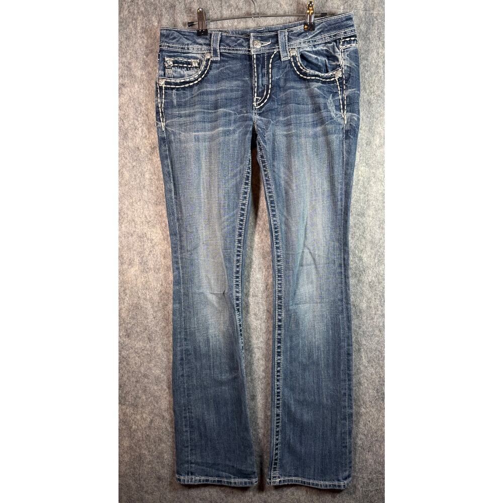 MISS ME Jeans Womens Mid Rise Size 29x35 Bootcut Distressed Bling Denim JE8008BX